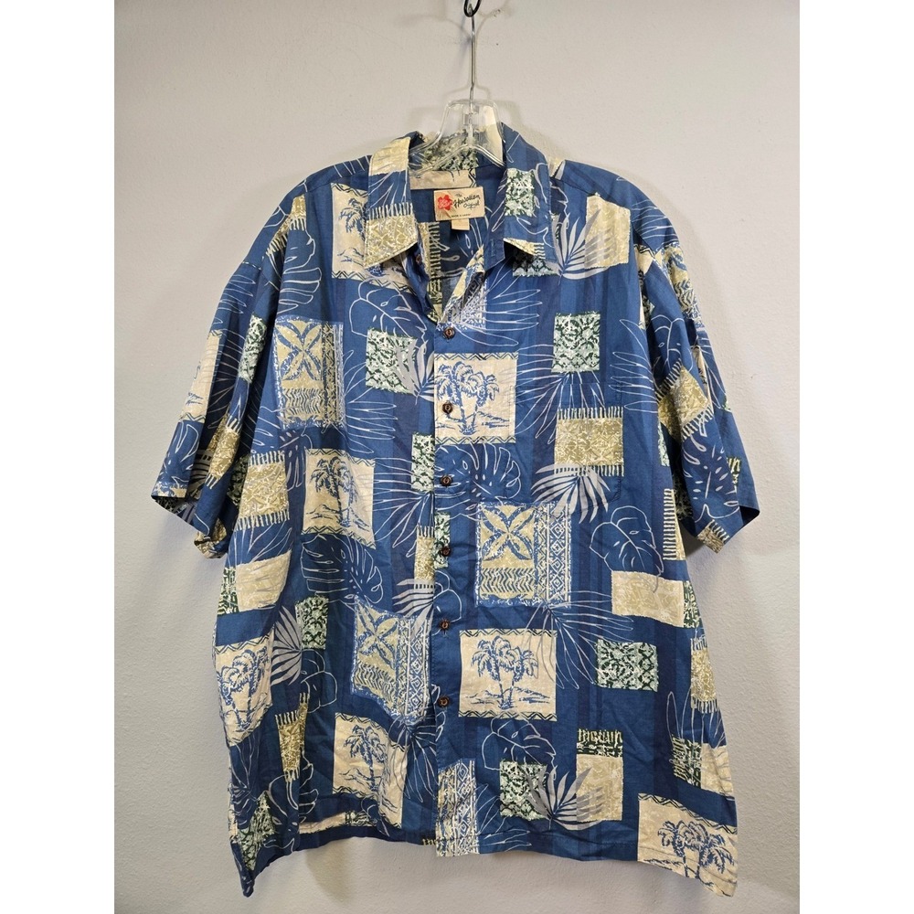 Hilo Hattie Tropical Aloha Patchwork Palm Tree Hawaiian Shirt XL